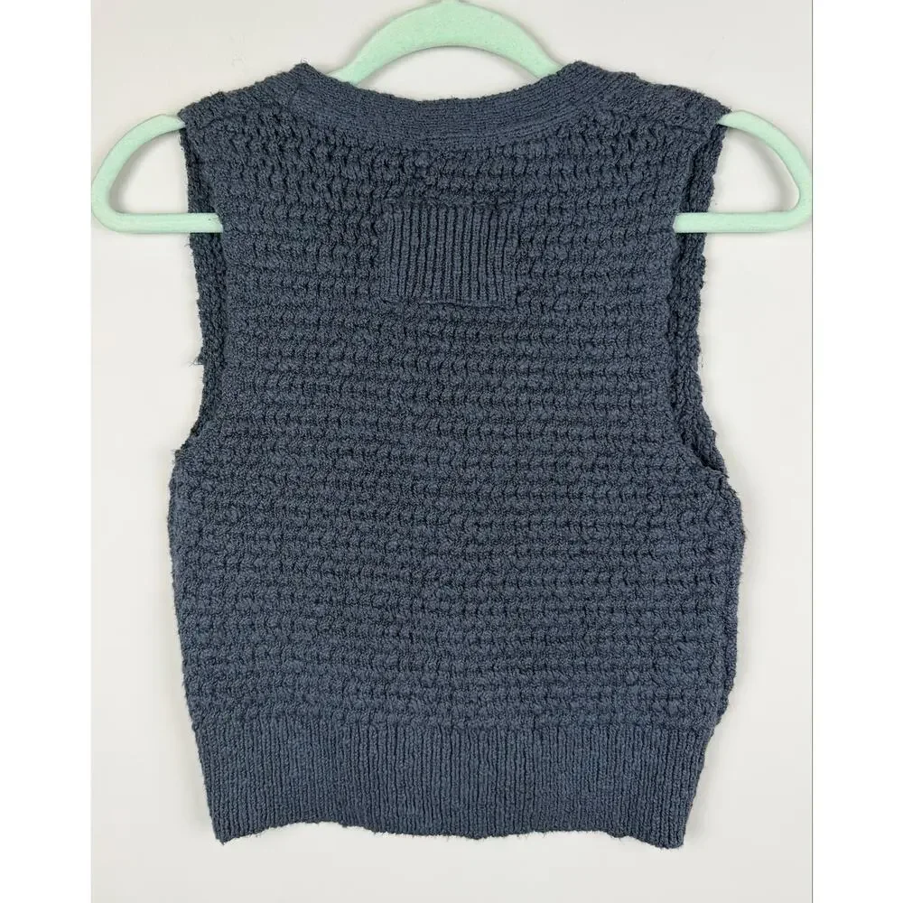 Free People Ava Knit Vest Blue XS Button-Up Sleeveless Shirt Vest Boho Chic